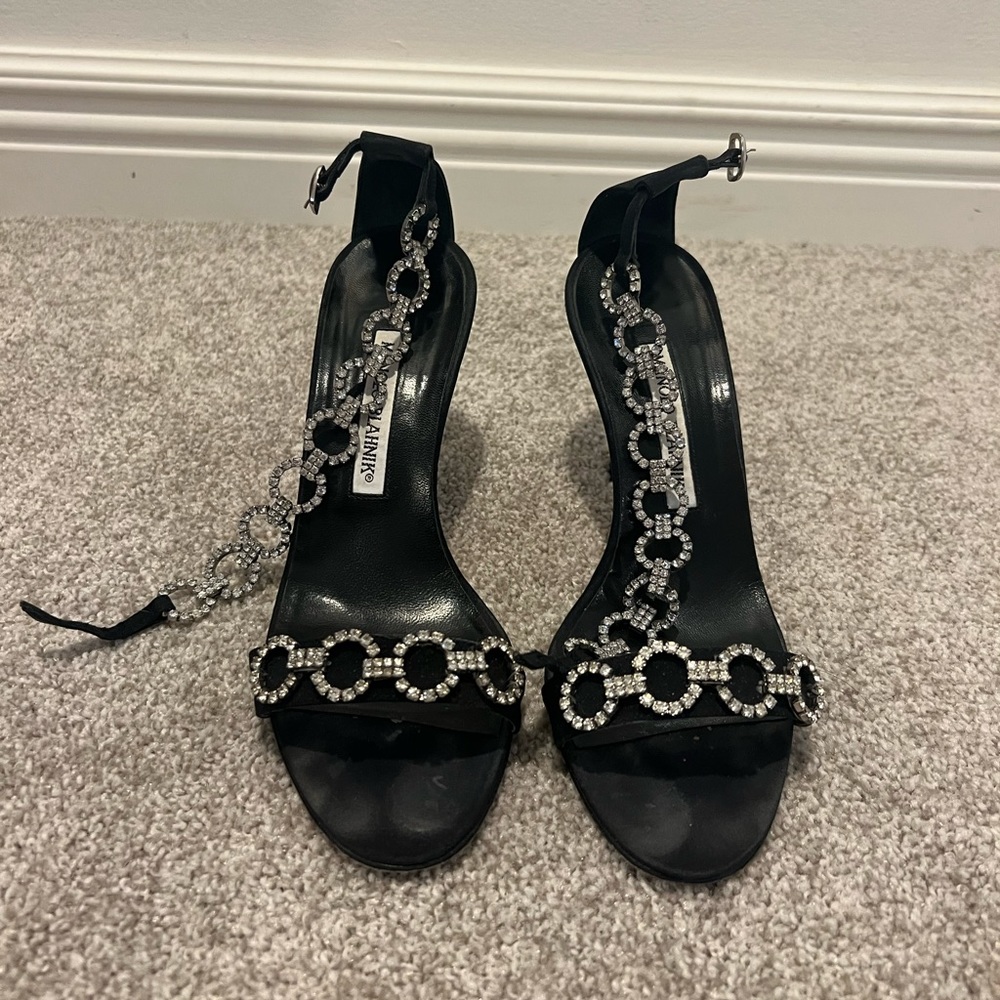 Black Manolo Blahnik heels with crystal jewels. Size 37 1/2.